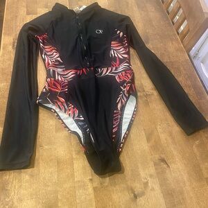 OP Black One-Piece Rash Guard with Red Leaf Print